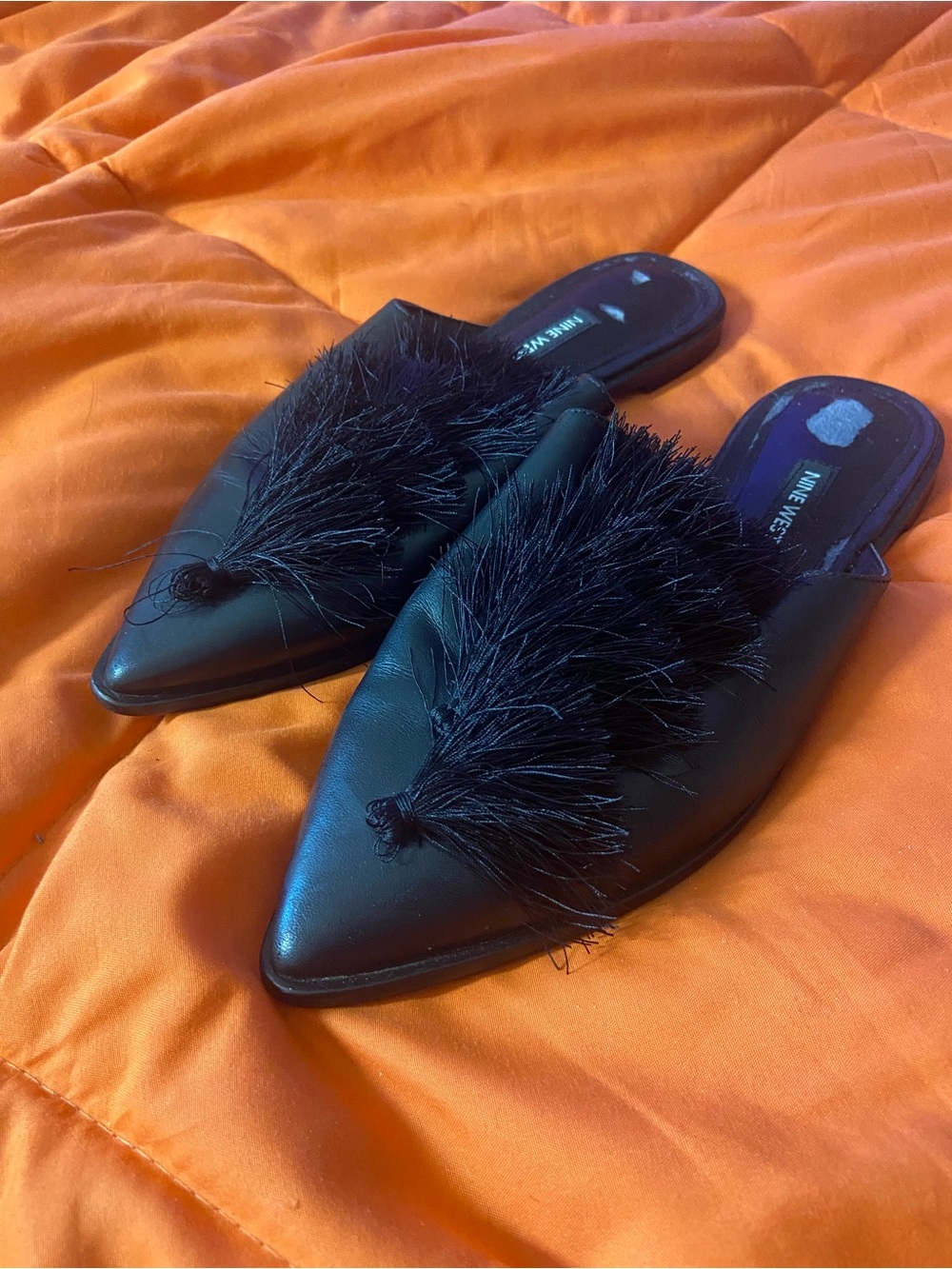 Nine West Black Feather Trim Pointed Toe Mule